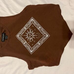 Brown Sleeveless Top with Sun and Moon Design